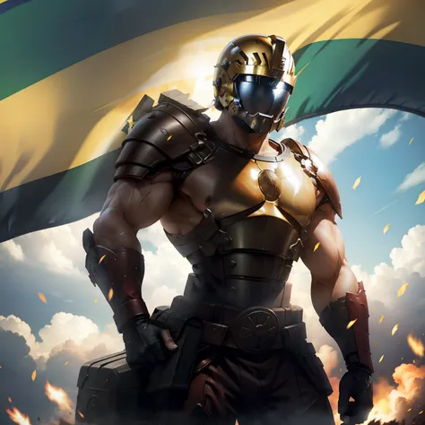 **a strong spartan warrior in armor and helmet waiving a brazilian flag --s 750** - (fast)