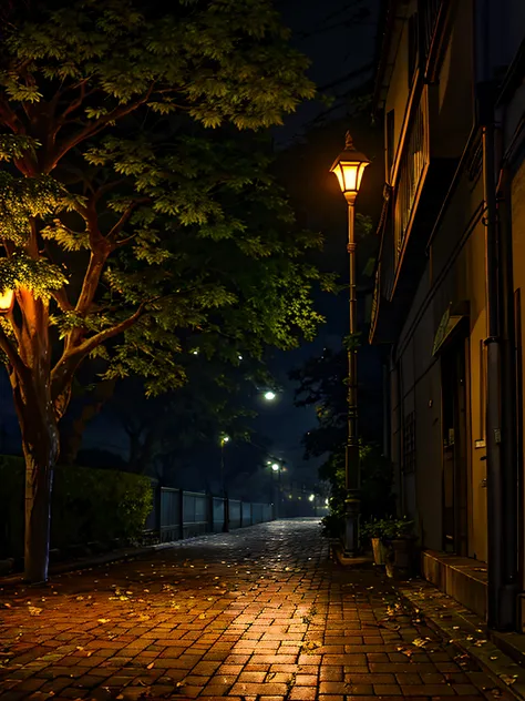 the night，a camphor tree，a dim street lamp，quiet street，falling leaves，a drizzle，realiy