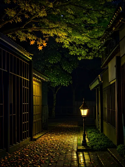 the night，a camphor tree，a dim street lamp，quiet street，falling leaves，a drizzle，realiy