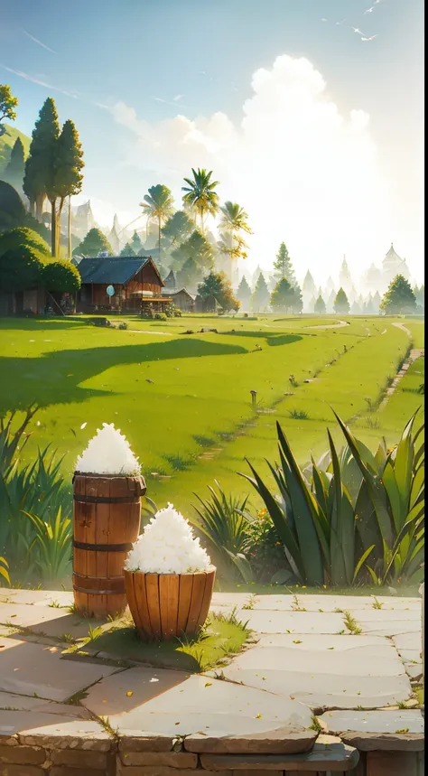 rice is served on the table, with a background of rice fields