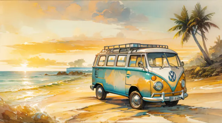 a breathtaking coastal scene featuring a volkswagen kombi parked on the sandy shore, its doors open as if inviting you to explor...