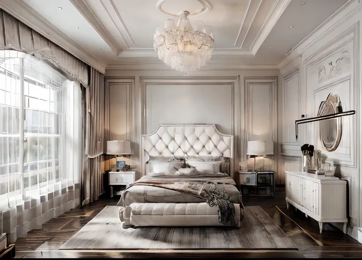 ((indoor neo classical bedroom scene.)), morden bedroom (about bedroom:1.3), (realistic), (masterpiece), super-detailed, ultra-r...