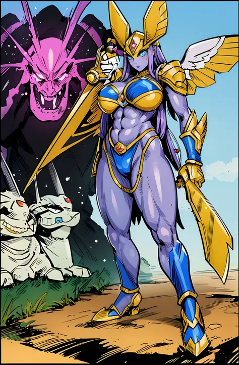 "Powerful barbarian with insect-like angelic armor, reminiscent of Digimon and Guyver, joins forces with a group of sentai heroes. The robot girl with huge breasts adds an overwhelming presence to the scene." musclegirl waiting to start
