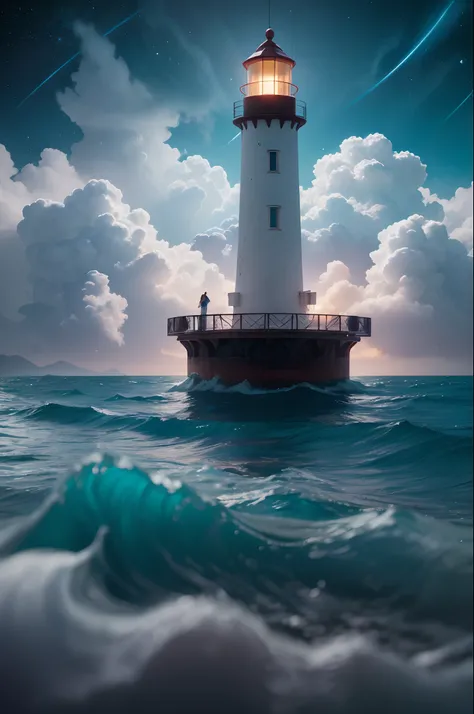 landscape, sea of candy, clouds of sugar candy, lighthouse, space waves, storm, beautiful woman in bikini siting in clouds.paper cut out, :: moonlight::1 DSLR::1 sandro botticelli, trending on artstation, sharp focus, studio photo, intricate details, highl...