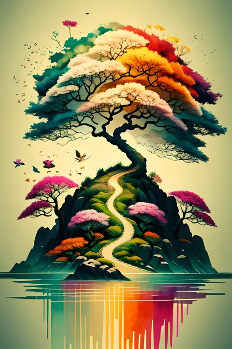A big tree on a lonely island, lonely,A fairy under a tree,All around is deep blue water ,Countless flowers float on the water,Orange and green watercolor style