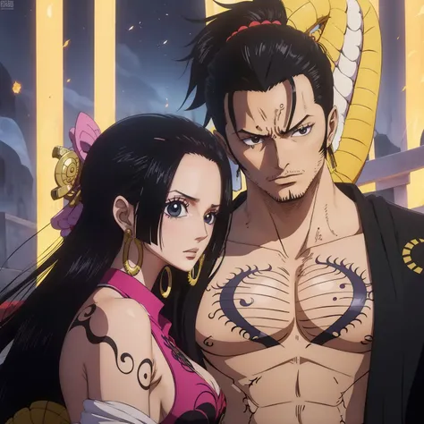 melhor qualidade, black-haired woman next to a samurai-inspired man with a dragon tattoo on his chest, majo, fechar para cima, p...