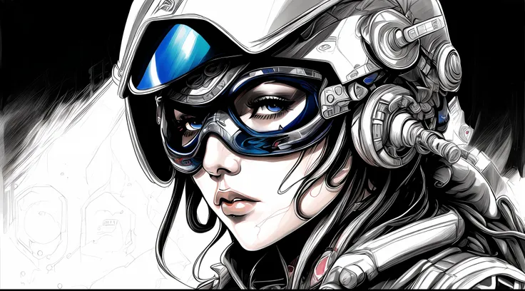 (bionicbikergirl style:1) a drawing of a woman wearing a helmet and goggles