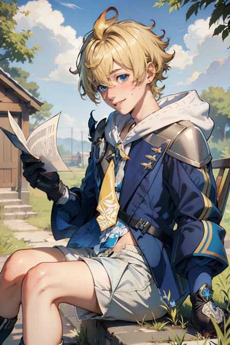 (masterpiece), (best quality), (ultra detailed),(disheveled hair),(illustration), (1boy), short blond hair, blue jacket, yellow ...