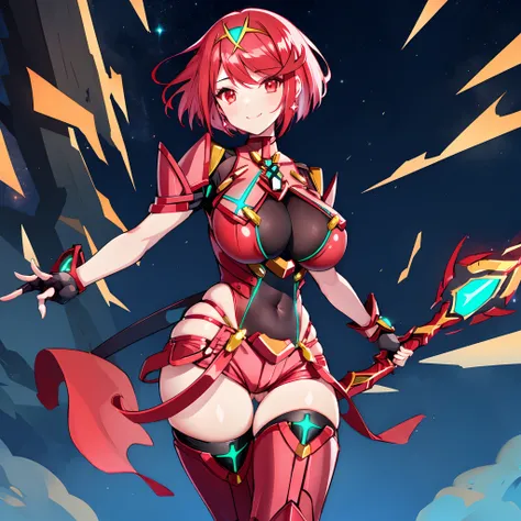 pyra (xenoblade), teen_1girl, armor, bangs, black gloves, breasts, red eyes, closed mouth, earrings, eyelashes, fingerless gloves, floating hair, framed breasts, gem, gloves, hair ornament, headpiece, jewelry, big_breasts, leaning back, leotard, neon trim,...