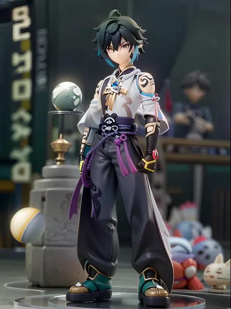 (Blind box toy style:1.3), ((Full body shot:1.4)) (((anatomy correct))),((1 boy, solo)),(masterpiece:1.3), ,high quality, (SOLO:1.4), whole body, (((xiao,genshin impact))), dark green hair,short hair,yellow eyes,necklace,Tattoo on the arm,Dark blue pants...