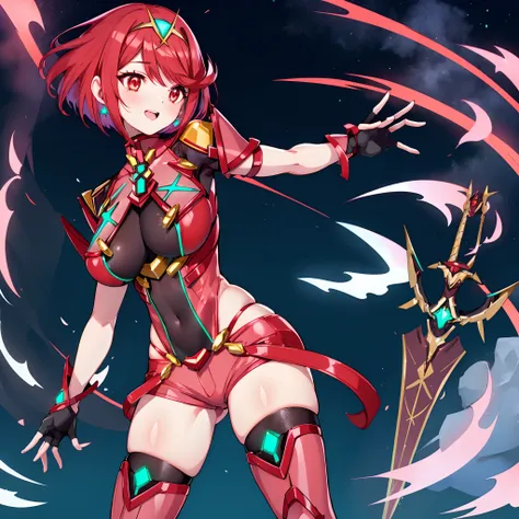pyra (xenoblade), teen_1girl, armor, bangs, black gloves, breasts, red eyes, closed mouth, earrings, eyelashes, fingerless gloves, floating hair, framed breasts, gem, gloves, hair ornament, headpiece, jewelry, big_breasts, leaning back, leotard, neon trim,...
