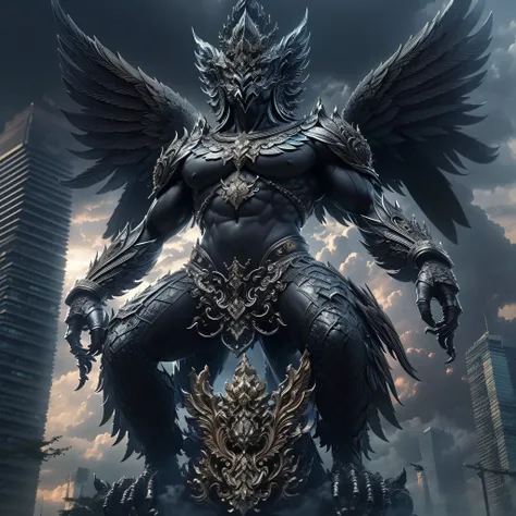 masterpiece,highly detail(metalic black,reflect,:1.3)phayakrut king garuda{best quality},, super huge garuda solo, very detail, ...