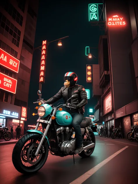 ((mejor calidad)), ((ultradetallado)), ((obra maestra)), illustration, Estructura de la escena: Monkey personified as a gangster, con cara de mono y cuerpo humano. He has a muscular build and tattoos on his body. Conduce una motocicleta en la ciudad, with ...