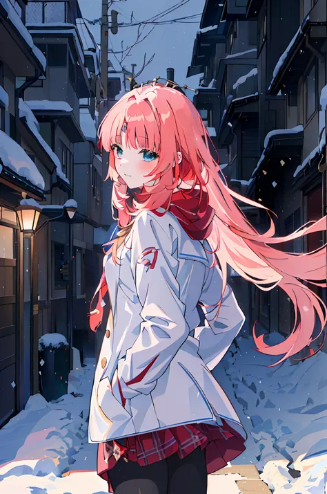 anime girl in a school uniform standing in a snowy alley, anime style 4 k, anime girl with long hair, anime art wallpaper 8 k, b...