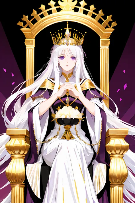 queen, long white hair, purple eyes, sitting on a throne, head wearing a crown, long black dress, white heels, surrounded by gol...