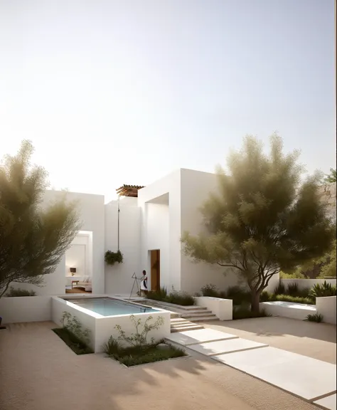 there is a small pool in the middle of a gravel patio, mediterranean architecture, render to resolute perfection, a wide open co...