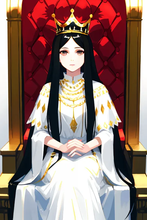 queen with long black hair and white eyes. wearing a crown, wearing a white dress, sitting on a throne