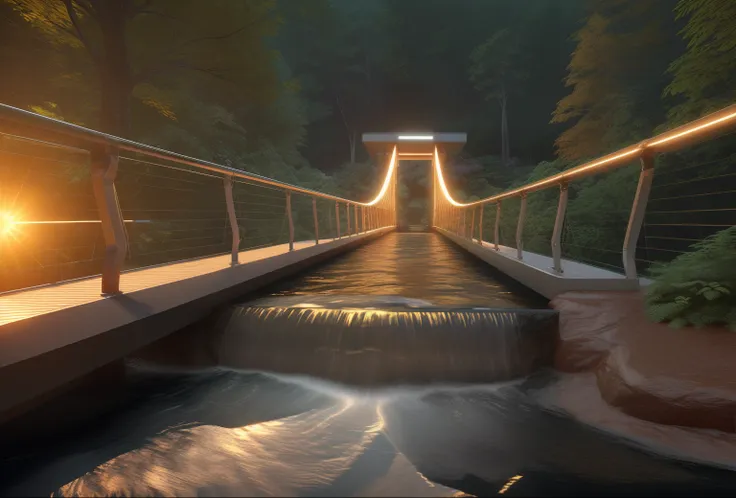 cable bridge , on a forest valley , next to a water fall , sun set with orange light , super high reality render, lumion render ...