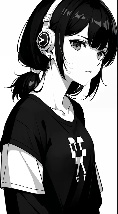 girl, side portrait, black and white, messy short hair, edgy accessories,sporty style, casual t-shirt, confident gaze, monochrom...