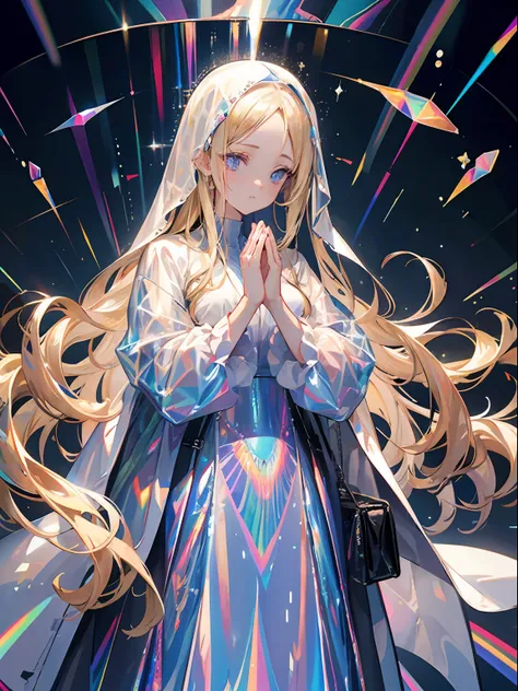 mature woman, praying, light blue eyes, blonde hair, forehead, long hair, plastic, transparent clothes, ((holographic)), ((gas))