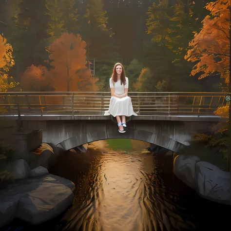 A cable bridge and a girl sitting on the bridge