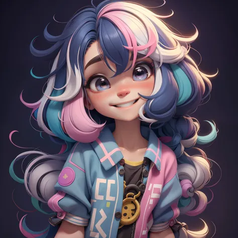 loli girl, cabelo multicolorido, preso, multicolorido, sorriso e olhos delicados, corpo inteiro, moletom, fundo simples, melhor ...