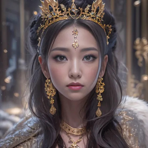 16k(tmasterpiece,k hd,hyper HD,16k)short detailed hair,Gold jewelry area in the back room,Flame Girl ,Dao Lang Protector (realisticlying:1.4),Python pattern robe,Purple-pink tiara,Snowflakes fluttering,The background is pure,Hold your head high,Be proud,Th...