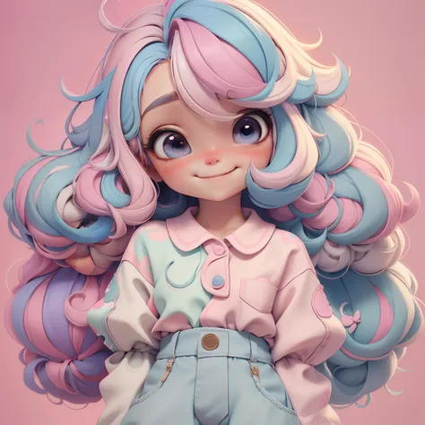 loli girl, cabelo mesclado multicolorido, preso, tom pastel, sorriso e olhos delicados, corpo inteiro, moletom, fundo simples, m...