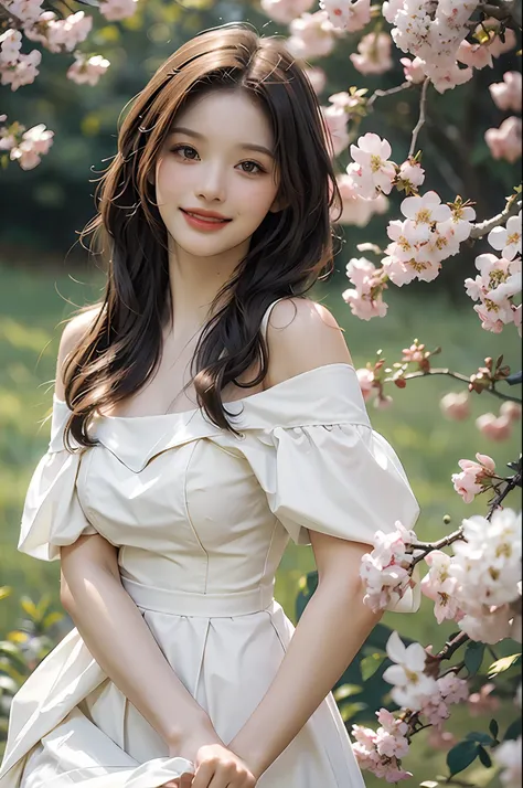 best quality, masterpiece, ultra high res, (photorealistic:1.4), raw photo, 1girl, white dress, off shoulder, blossom flower fie...