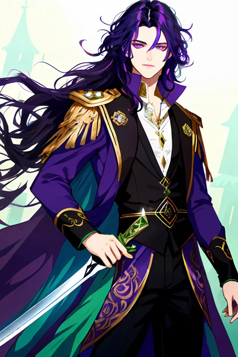 "dark-haired boy with deep purple hair, captivating with his eyes of both blue and green, wickedly beautiful face, dressed in ex...