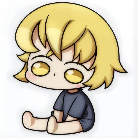 a cartoon girl with blonde hair and yellow eyes sitting on the floor, chibi, [[[[sorrindo malvado]]]], menino loiro com olhos am...