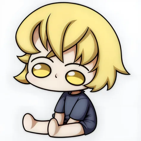 a cartoon girl with blonde hair and yellow eyes sitting on the floor, chibi, [[[[sorrindo malvado]]]], menino loiro com olhos am...