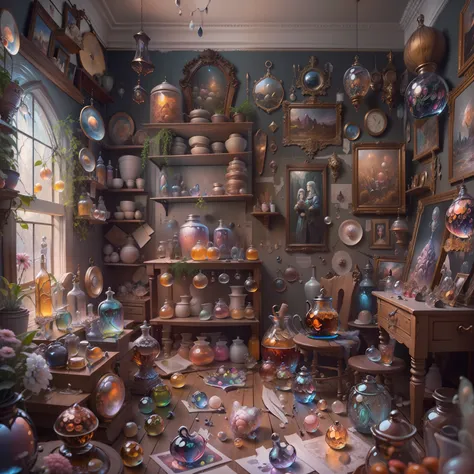 one room was filled with various specimens,magic room，witch's room， amazing photography, ultrarealistic oil painting, hyper real...