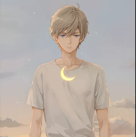 "anime boy with crescent moon and moon background on shirt on anime boy，young and handsome anime characters，eblue eyes，guviz-sty...