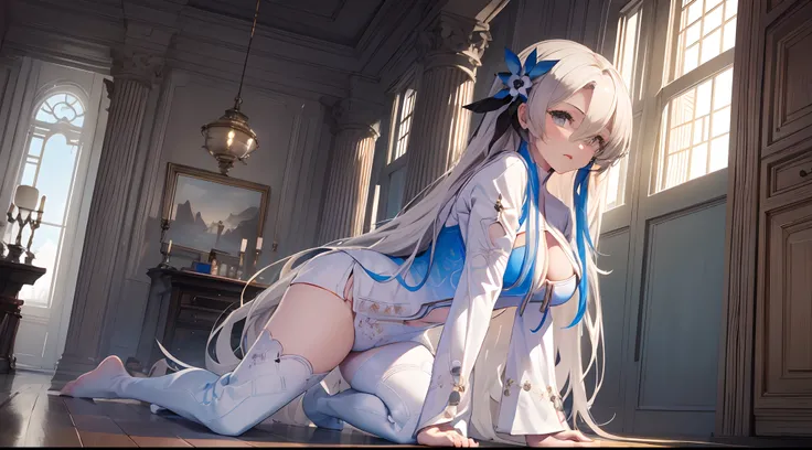 (Enrich the picture,Masterpiece level quality)Beautiful 8K CG artwork,Goddess-like posture,Kneeling exercise,Slim and soft,Translucent skin,White hair、The beauty of extra-long hair, Super Long Straight Hair,The skin is fair and juicy,Underwear uniforms,Per...