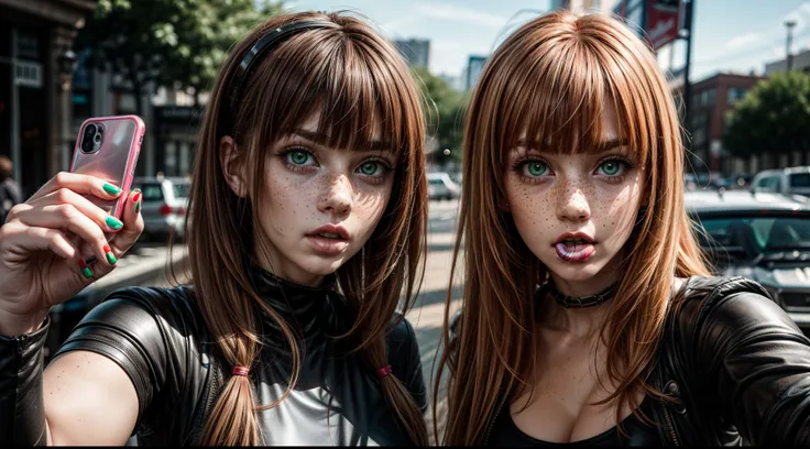 realistic, photoshoot, selfie, pale woman with ginger hair, blunt bangs, cybergoth outfit, chewing bubblegum, green eyes, freckl...