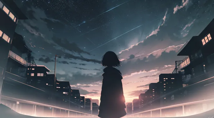 anime,silhouette,1girl, star (sky), cloud, cityscape, building, city, outdoors, skyscraper, city lights, night, night sky, sunse...