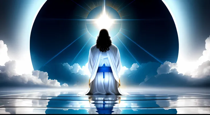 jesus meditando, jesus in a white robe, com detalhes azul, jesus semblante calmo, imagem realista, expressionismo, relationship ...