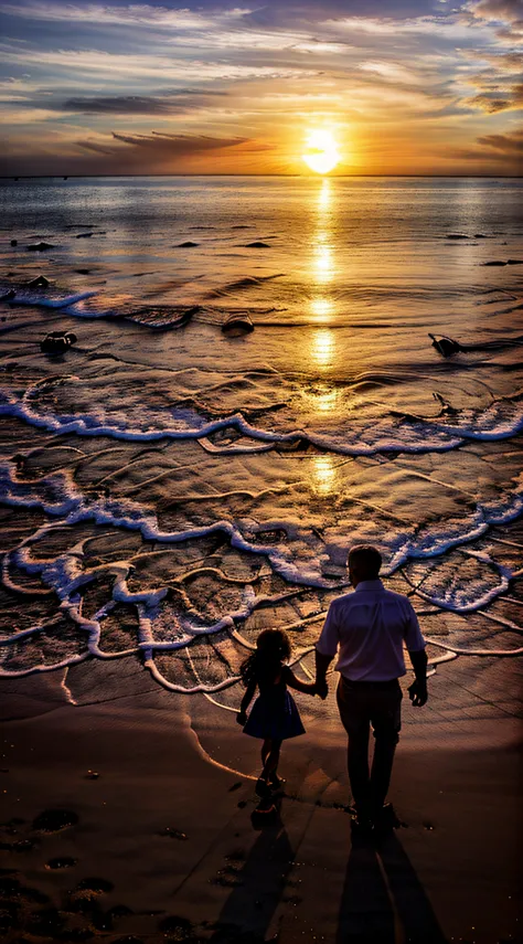 father and daughter silhouettes, hand in hand, walking along the water's edge as the sun sets, immortalized in striking definiti...