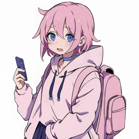 anime girl, short pink hair, blue eyes , pink hoodie, choker, using a phone, crying, white background, backpack