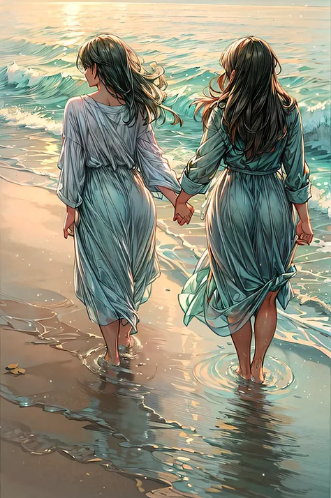 on a moonlit beach, two women walk hand in hand along the shoreline, the waves gently lapping at their bare feet. the silvery li...