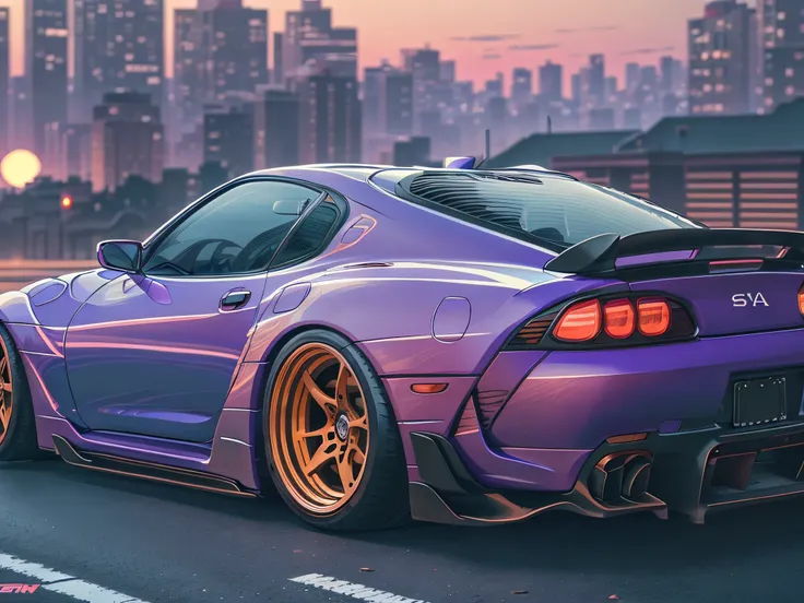 reverse wave. city, toyota supra mk4, wide-body kit, road, purple neon, sun, close-up
(masterpiece, detailed, high resolution),1...