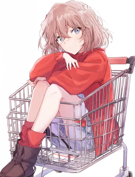 gray plains mourn，sit in the shopping cart，legs crossed, anime style portrait