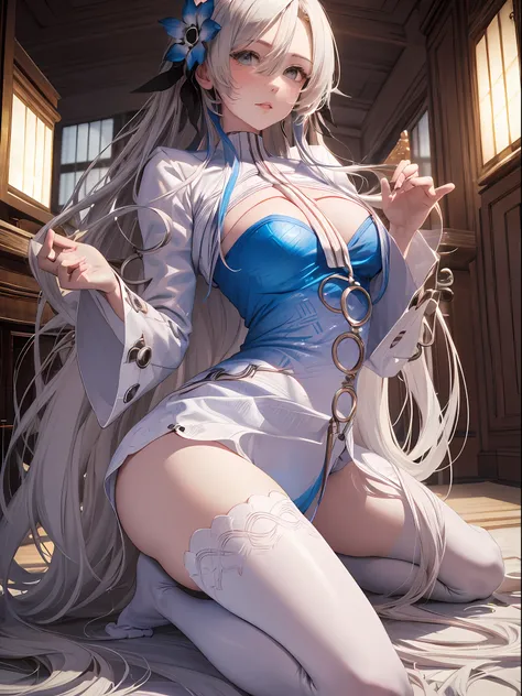 (Enrich the picture,Masterpiece level quality)Beautiful 8K CG artwork,Goddess-like posture,Kneeling exercise,Slim and soft,Translucent skin,White hair、The beauty of extra-long hair, Super Long Straight Hair,The skin is fair and juicy,Underwear uniforms,Per...