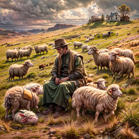 hyperdetailed illustration, pastoral landscape, vivid imagery conveying a sense of isolation and loneliness, a ((pastoralist)) i...