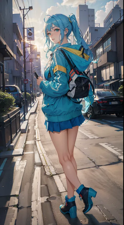 anime woman with blue hair, wearing shiny ocean blue adiddas jacket, in the city, lots of buildings behind her, night, city ligh...