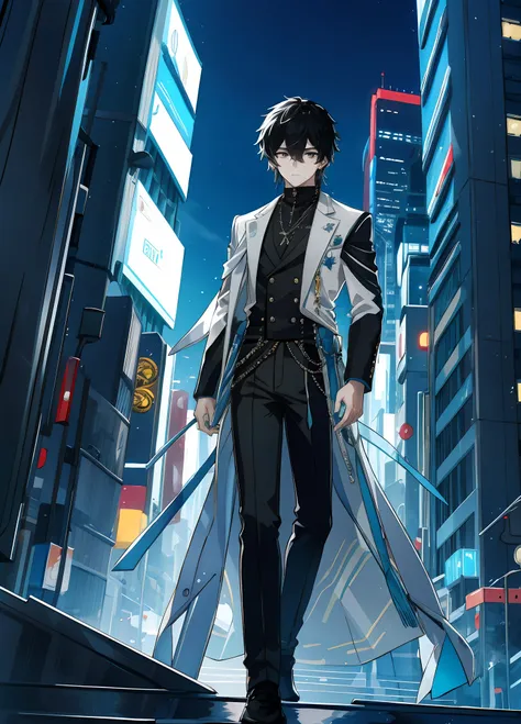 on the vibrant skyline of a modern fantasy city, an 18-year-old boy stands out with black hair that contrasts with his white ski...