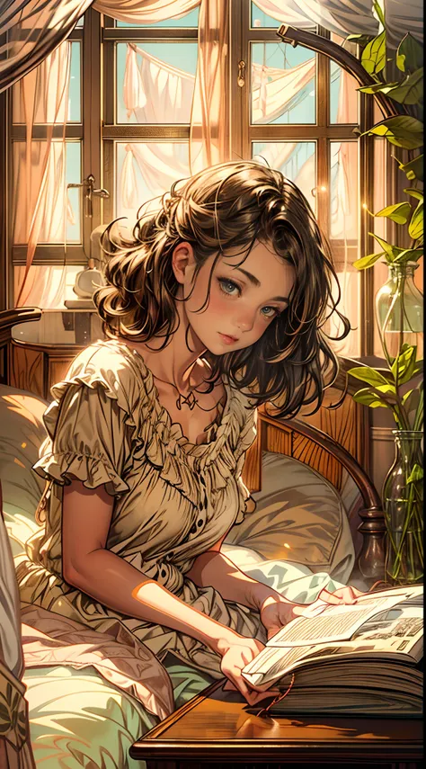 A girl is reclining on the bed, her head tilted slightly to the side, her feet elegantly crossed at the ankles, a book held delicately in her hands, the soft glow of a bedside lamp casting a warm pool of light on the pages, her expression one of quiet cont...