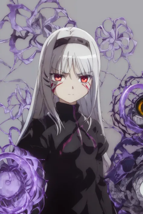 ((((((simple background)))))),looking at viewer,standing,staring straight,1girl,(((intricate iris, white hair,redeyes,))),evil s...