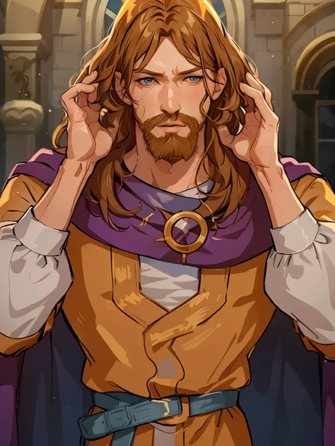 knyazkov, 独奏, blue eyes,  sle,  brown hair, 1boy,   male focus, cape, facial hair, crown headbutt, beard, whiskers,  masterpiece...